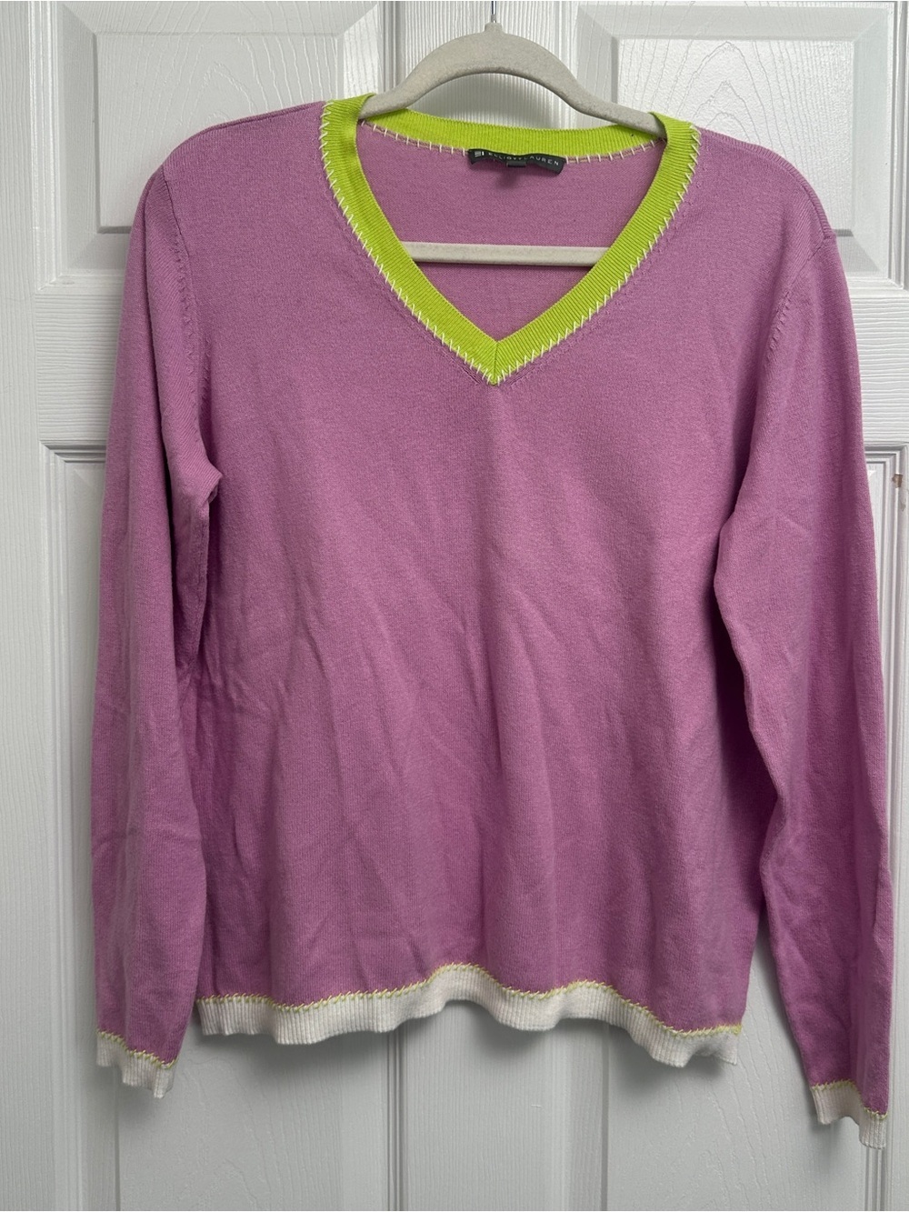 Elliot Lauren Lavender V-Neck Sweater with Lime Trim